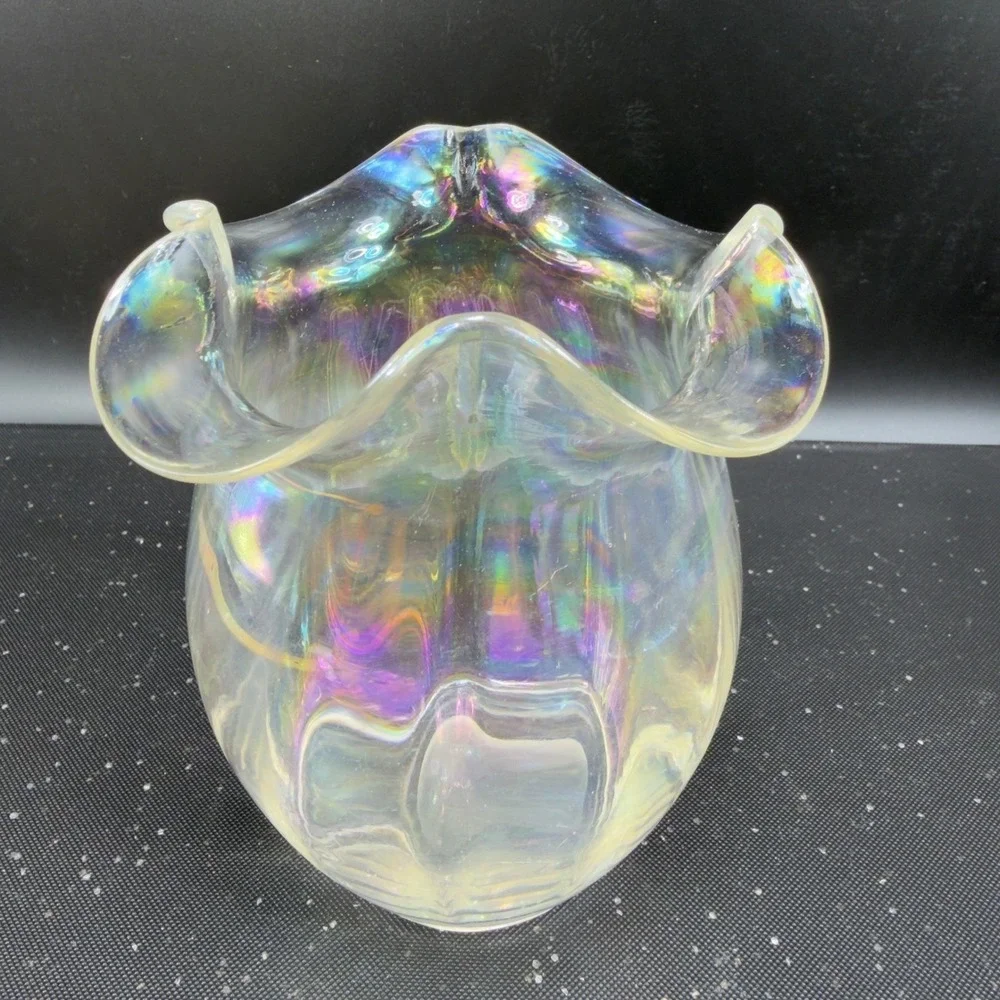 Silvestri‎ Iridescent Carnival Glass Vase Ruffled Rim Pearlescent Luster Clear